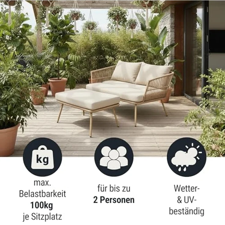Wohnando Gartenliege Gartensofa "Maike" modernes Loungesofa, Rattan, 126x116x67cm (BxTxH), 1 St, mit Auflage und Kissen grau beige, Gartensonnenliege, Gartenmöbel – Bild 6