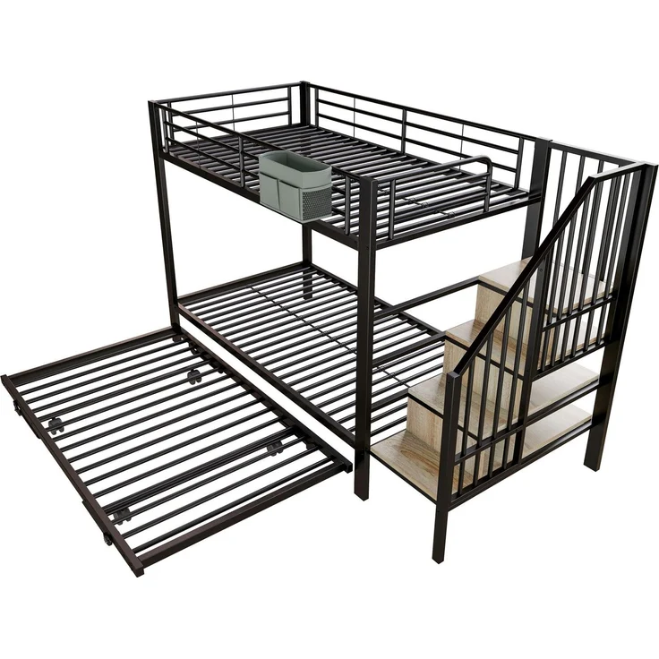 Etagenbett, 90x200cm/180x200cm, untere Liegefläche erweiterbar, Treppe mit Regal, Kinderbett mit Rausfallschutz, Metallbett – Bild 8