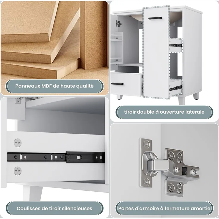 U-life bodenstehender Waschtischunterschrank 76x47 cm, fürs Badezimmer, Lackierte Oberfläche, Seitlicher Auszug mit zwei Ebenen, Integriertes Keramikwaschbecken, Ablagefach an der Türinnenseite, Keramik, Weiß – Bild 9
