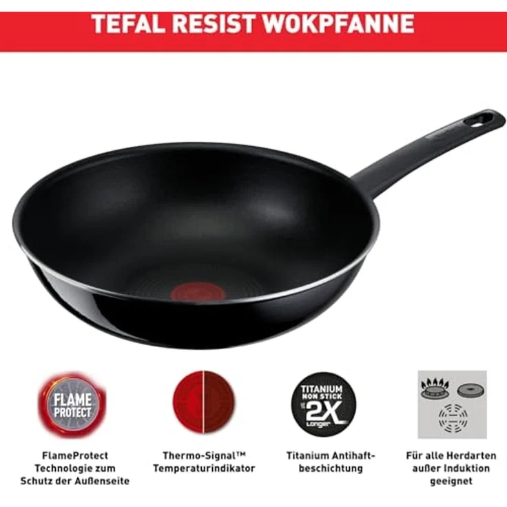 Tefal D52619 Resist Wokpfanne| sichere Titanium Antihaftversiegelung | Thermo-Signal Temperaturindikator | leichte Reinigung | Flame Protect-Technologie | Schwarz|28 cm / tief – Bild 2