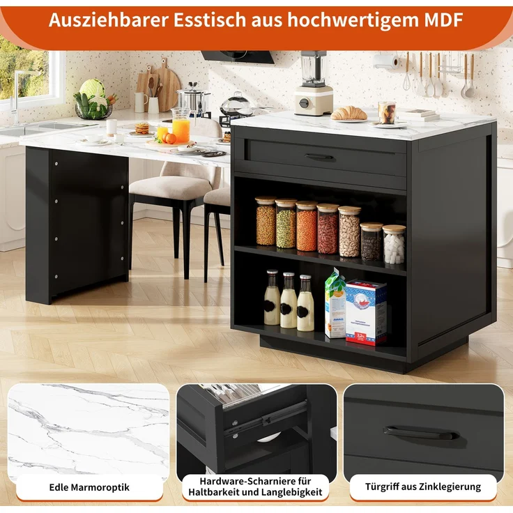 Bartisch 98-204x70x93,5 cm, ausziehbar, mit Stauraum und Rollen, Schwarz – Bild 9