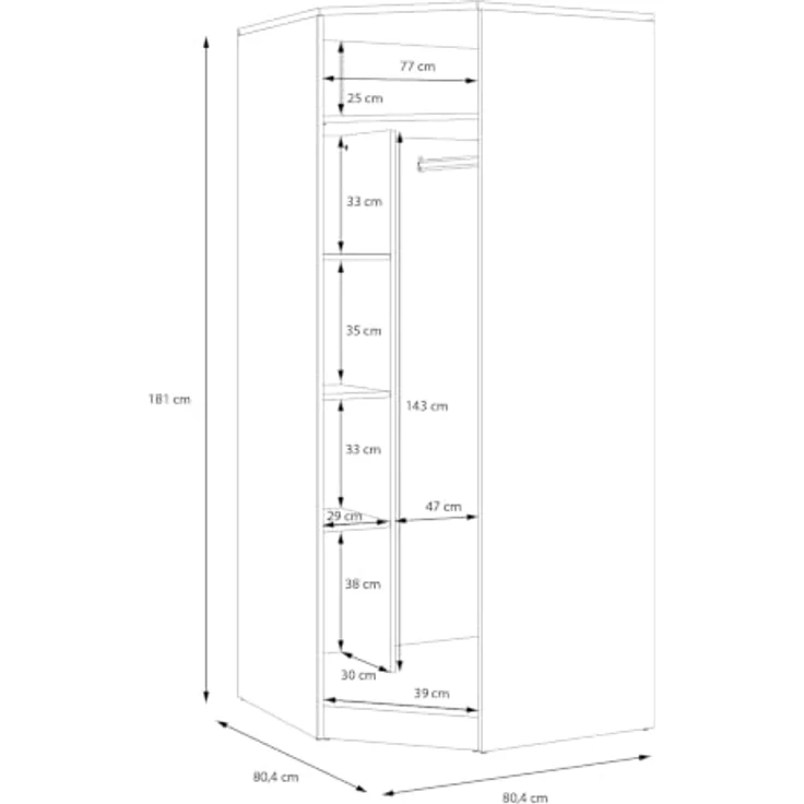 Forte Panama Eck-Kleiderschrank 80, moderner Drehtürenschrank, 1-türig, Stauraumlösung, Holzwerkstoff, Cabezone Eiche Holzdekor, 80,4 cm breit x 181 cm hoch x 80,4 cm tief – Bild 7