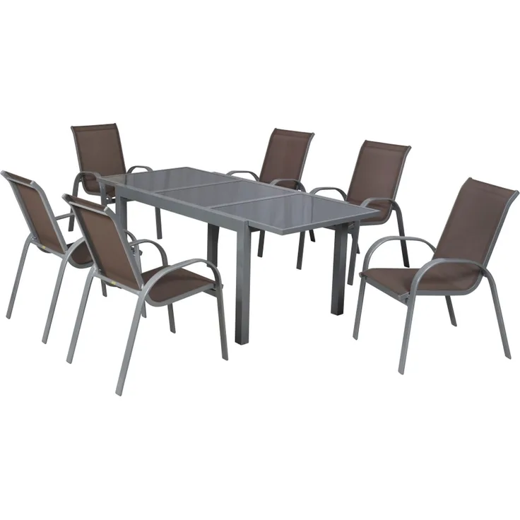 Amalfi Gartenmöbel Set 7tlg, 6 Stapelsessel, Ausziehtisch 160 (220) x 90 cm, Aluminium/Textil