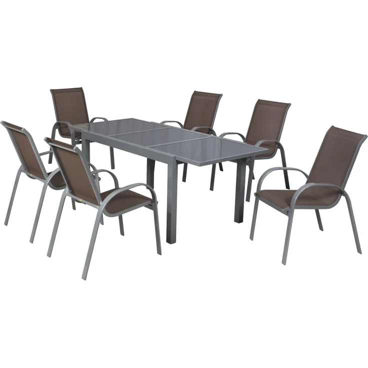 Amalfi Gartenmöbel Set 7tlg, 6 Stapelsessel, Ausziehtisch 160 (220) x 90 cm, Aluminium/Textil – Bild 1