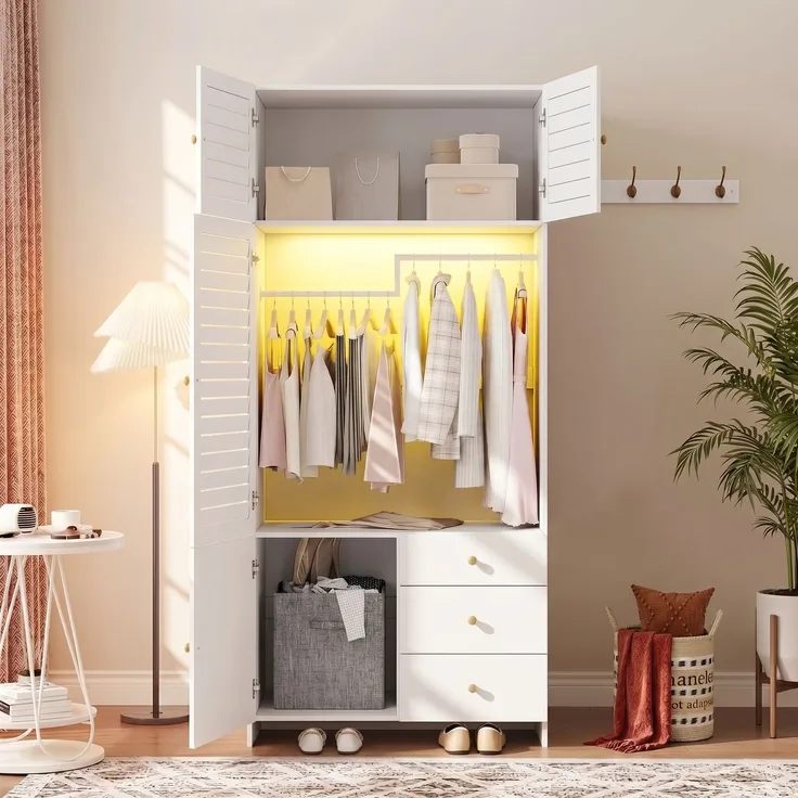 Drehtürenschrank 90 x 50 x 200 cm aus Spanplatte in Weiß mit LED-Kleiderstange
