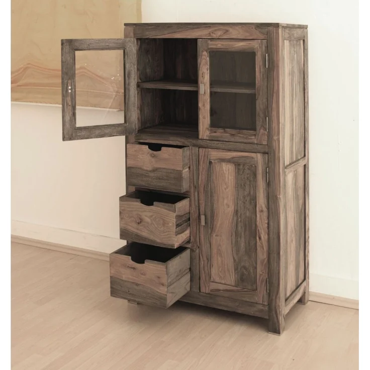 Vitrine Sheesham 90 x 45 x 148 grau geölt NATURE GREY #62 – Bild 2