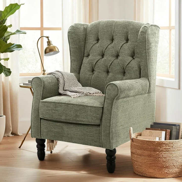 COLAMY Mid-Century Modern Sessel Wohnzimmer, Gepolsterter Wingback-Sessel mit Knopfsteppung, loungesessel Bezug aus Gewebe mit Massivholzbeinen für Wohnzimmer, Büro, Café - Grün – Bild 1