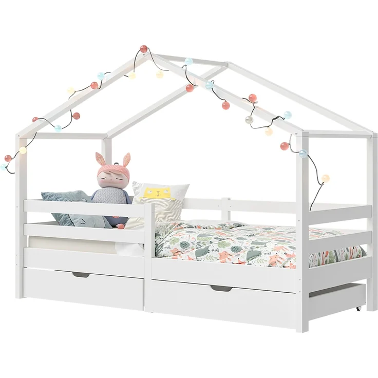 Bellabino 'Abia' Hausbett 90x200 cm mit 2 Schubladen, weiß, Kiefer Massivholz, Montessori Kinderbett mit Stauraum, inkl. Rausfallschutz und Lattenrost – Bild 11