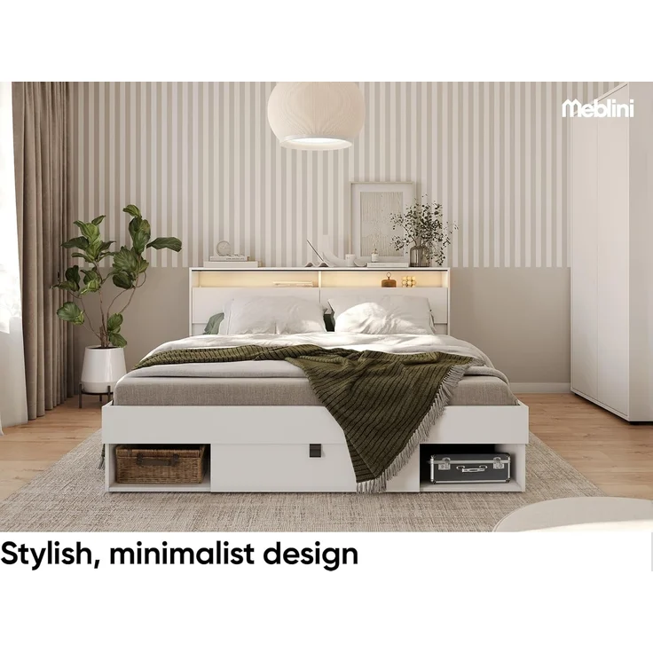 MEBLINI Funktionsbett 180x200 – SMARTEE mit Lattenrost und Matratze – Weiß/Schwarz - Schrankbett mit LED - Bett mit Stauraum - Doppelbett mit Schubladen - Stauraumbett - Bettkästen mit Aufbewahrung – Bild 3