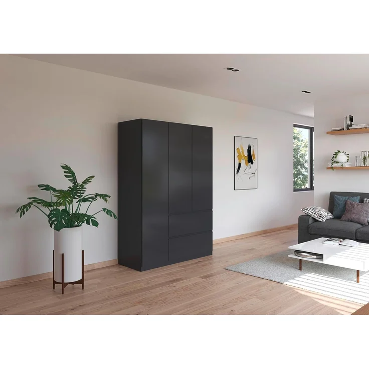 rauch Kleiderschrank, Drehtürenschrank COSTA, 3-türig, 2 Schubkästen, push-to-open, Grau metallic, 136 x 197 x 54 cm – Bild 2