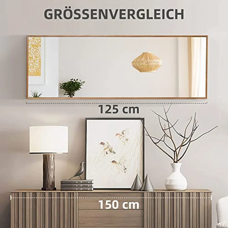 HOMCOM Wandspiegel, Hochspiegel in Natur, Glas und Holzwerkstoff, 48x125 cm, elegantes Design für Wohnzimmer, Schlafzimmer und Badezimmer – Bild 6