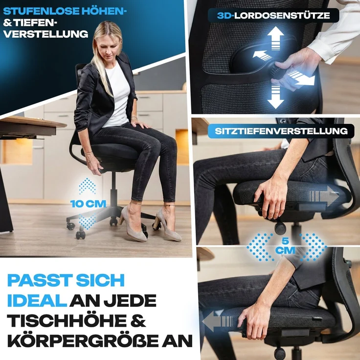 VALKENSTOL M4 Essential - Bürostuhl ergonomisch - 5 Jahre Garantie - 5D Armlehnen - verstellbare Sitztiefe - Schreibtischstuhl mit Gummirollen – Bild 4