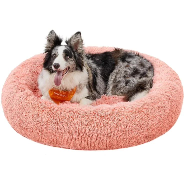 Feandrea Hundebett flauschig, Donut Kissen, waschbar, Polsterung in der Mitte herausnehmbar, Langer Plüsch, rosa, 100x20 cm – Bild 1