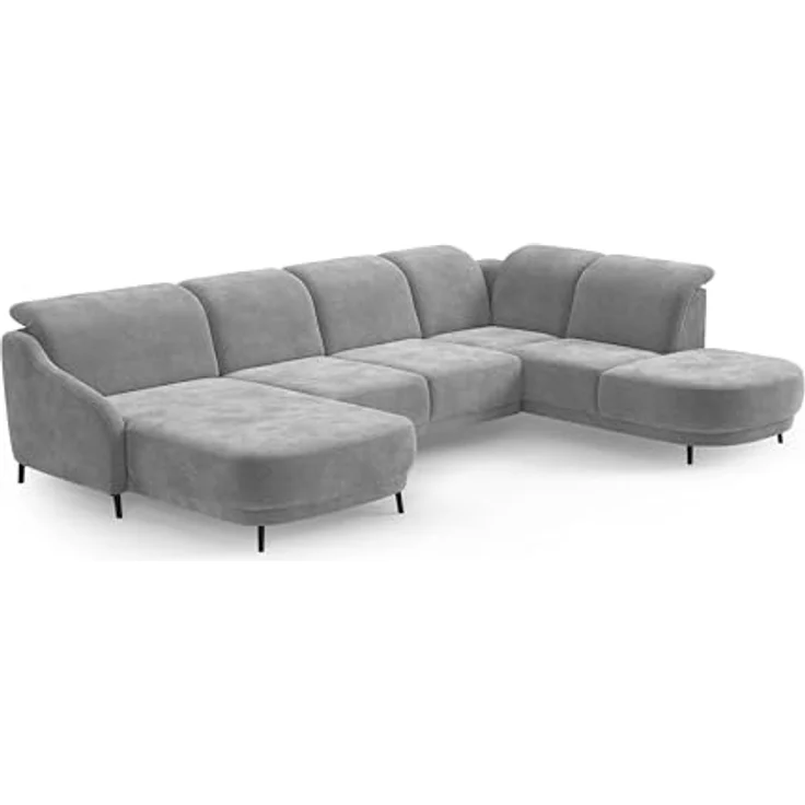 CAVADORE Wohnlandschaft Blue, Sofalandschaft mit Longchair im modernen Design, inkl. kopfteilverstellung, Vorziehsitz motorisch, Klapptisch, mattschwarzen Metallfüßen, Mikrofaser, Mittelgrau – Bild 5