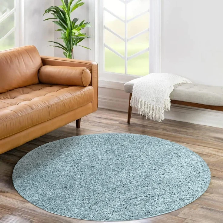Teppich Rund Hochflor Shaggy - 160x160cm - Türkis Einfarbig Uni Flauschig Modern Boho Wohnzimmer Schlafzimmer Deko Teppiche Weich Schlafzimmer – Bild 2