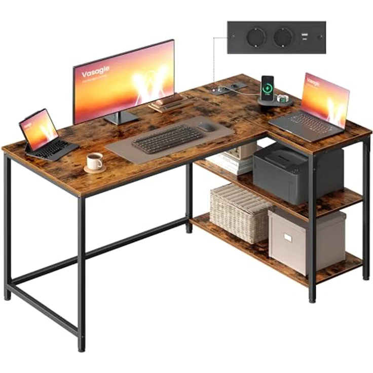 VASAGLE Eckschreibtisch in L-Form, Computertisch mit Stauraum, Bürotisch, höhenverstellbare Ablage, für Homeoffice, mit 2 AC-Steckdosen und 2 USB-Anschlüssen, 120x80 cm, vintagebraun LWD132KD01 – Bild 2