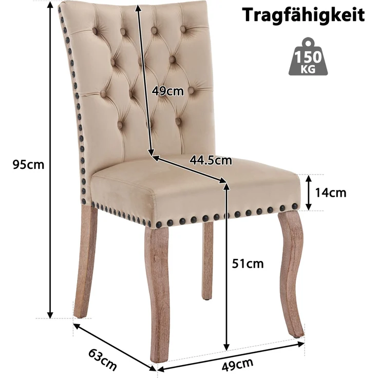 2er Set Esszimmerstuhl Samt gepolstert Massivholz mit Kupfernägeln, modernes Design, komfortabler Sessel,Helles Kamel – Bild 10