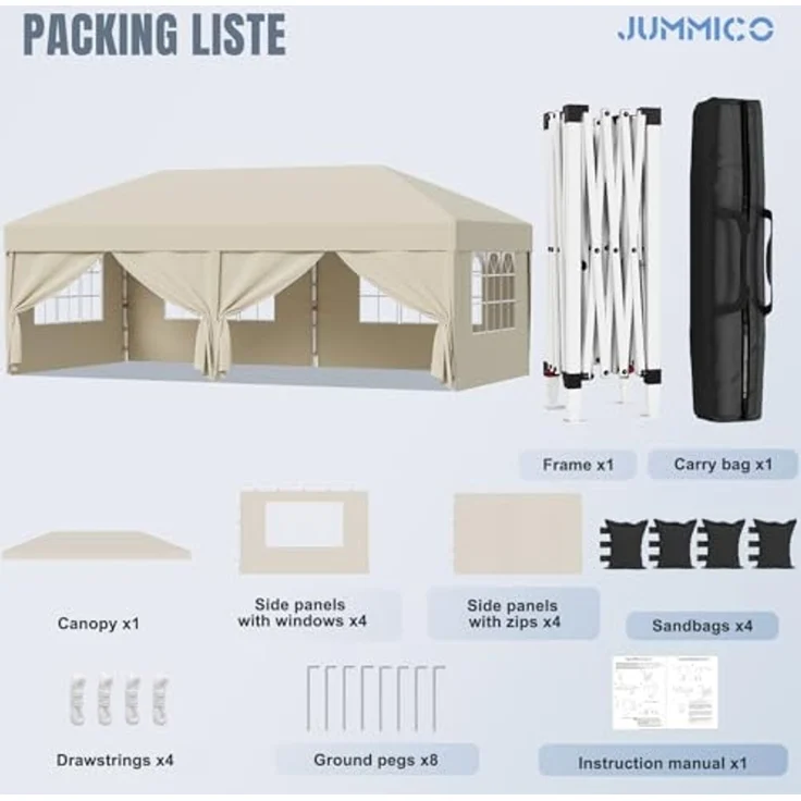 JUMMICO Pop up Pavillon 3x6 wasserdicht stabil Winterfest, One-Touch-Aufbau, Faltpavillon mit Seitenwänden, UV 50+, Shelter ideal für Garten, Innenhof, Camping und Partyzelte. Beige – Bild 6