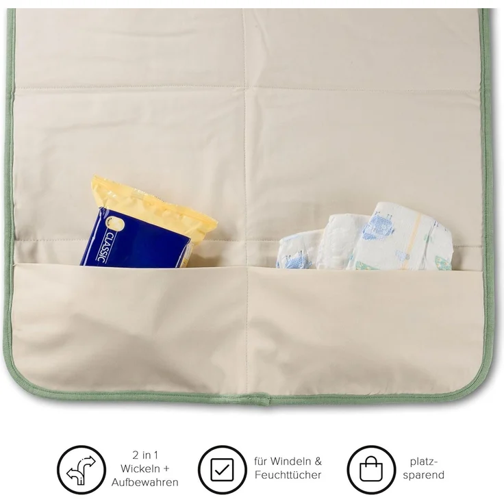 Hofbrucker® Windeltasche, Wickeltasche mit Wickelunterlage für unterwegs, faltbare Wickelclutch mit Organizer für Windeln & Feuchttücher, Abwischbar, Must Have für die Baby Erstausstattung (Salbei) – Bild 5
