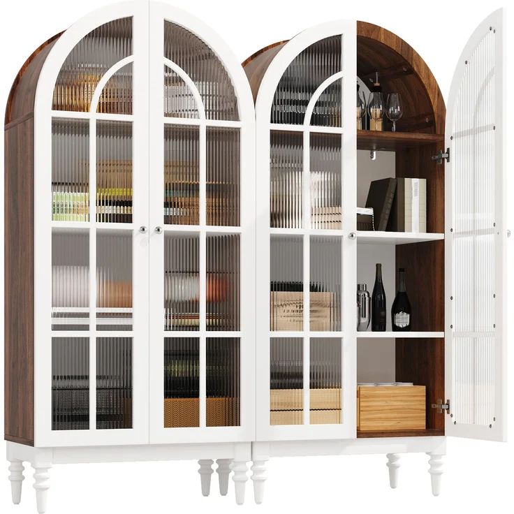 2-set Bogen-Vitrinenschrank 165cm mit Riffelglas-Doppeltüren, 3 Einlegeebenen, 2 Farben (Nussbaum+Weiß)--Weiß--76x38.5x165cm--YOUDENOVA – Bild 7