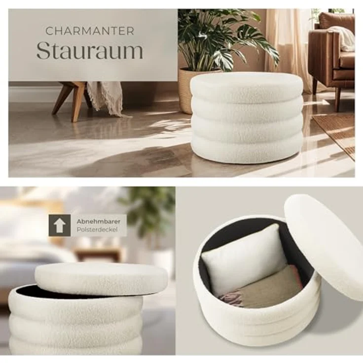 tectake® Hocker mit Stauraum, XL Scandi Sitzhocker Bouclé Teddy Stoff, Pouf, Polsterhocker rund für Schminktisch, Schlafzimmer, Wohnzimmer Möbel, als Flur Möbel, Stauhocker Wohnen - Bouclé Creme-weiß – Bild 7