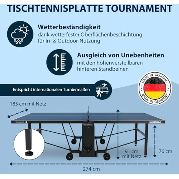 Hudora 'Tournament' Tischtennisplatte, Melaminharz blau, 187 x 274 x 91 cm – Bild 4