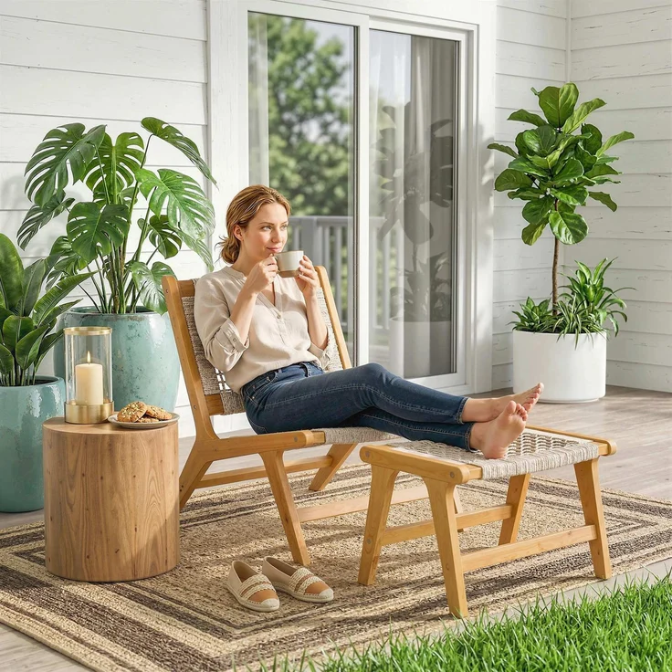 Outsunny Loungesessel Set, Akazienholz, PP-Rattan, Beige, 60L x 83B x 73,5H cm – Bild 8