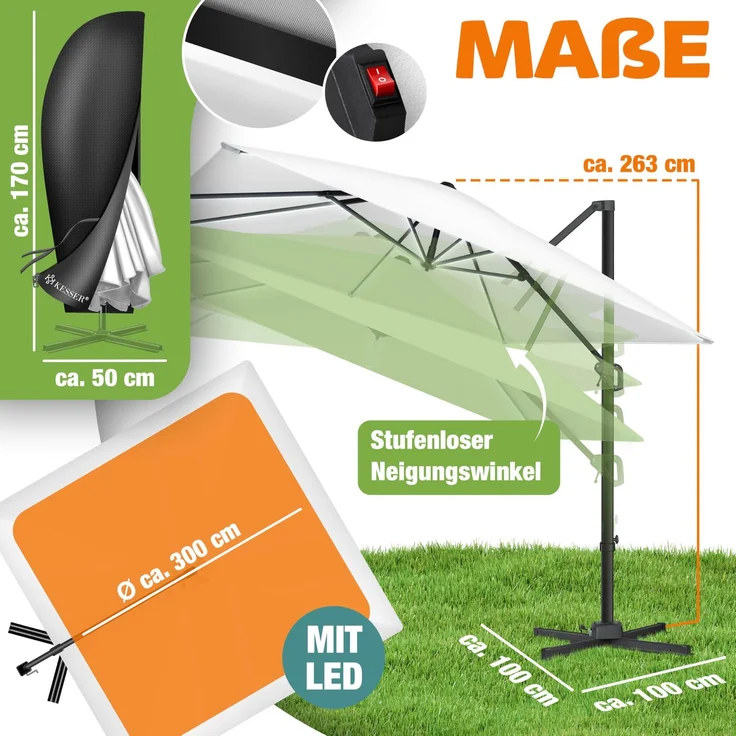 KESSER® Sonnenschirm Ampelschirm SUN XL 300 x 300 cm Inkl. Abdeckung +Windsicherung Drehbar Neigbar Kippbar Marktschirm Groß 360° Rotation, Gartenschirm mit Kurbel Sonnenschutz UV50+ Weiß, Mit LED – Bild 2