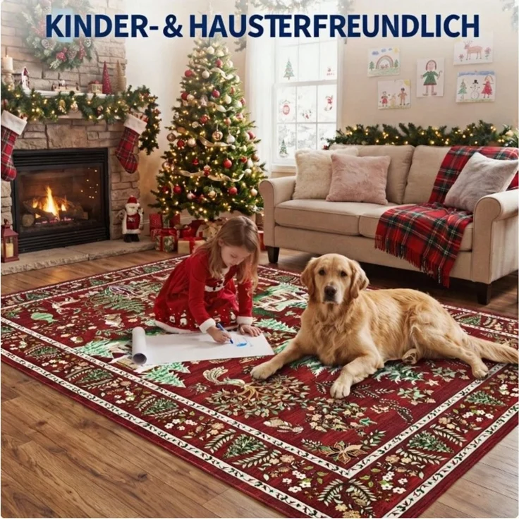 GarveeMore Teppich Roter Festlicher Weihnachtsteppich im Boho-Stil mit Winterwald-Motiv, Höhe: 5 mm – Bild 4