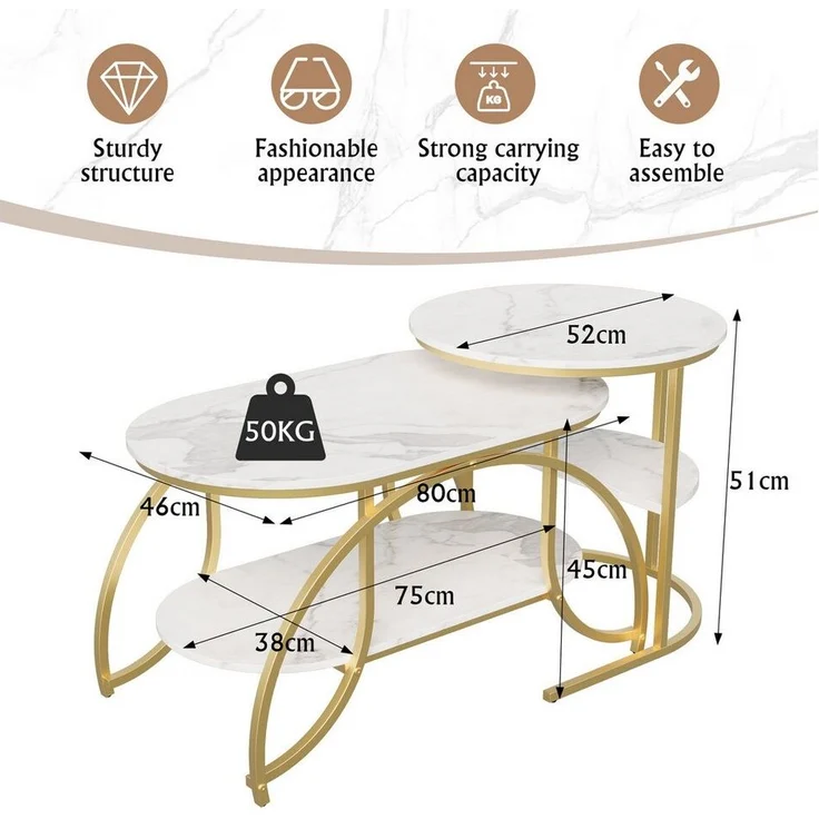 FUROKOY Couchtisch Beistelltisch Sofatisch wohnzimmertisch kaffeetisch 2er set (Runder Tisch Oval), Modern design Couchtisch mit gold beinen,Marmoroptik,Gold + Weiß – Bild 1