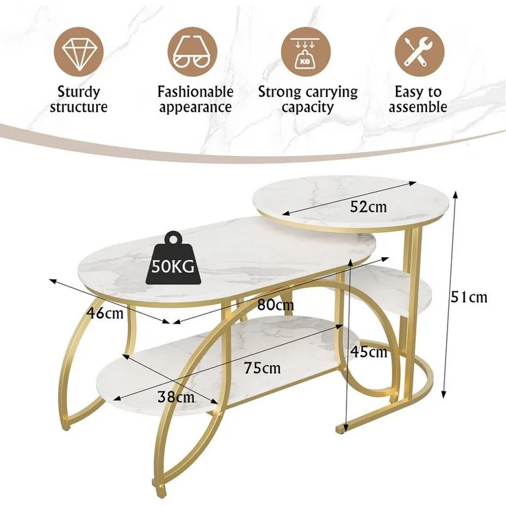 FUROKOY Couchtisch Beistelltisch Sofatisch wohnzimmertisch kaffeetisch 2er set (Runder Tisch Oval), Modern design Couchtisch mit gold beinen,Marmoroptik,Gold + Weiß