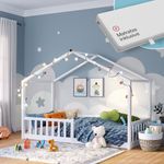 Bellabino 'Bia' Hausbett 90x200 cm mit Matratze, weiß, Kiefer Massivholz, Bodenbett in Hausoptik, Montessori Kinderbett mit Rausfallschutz und Lattenrost