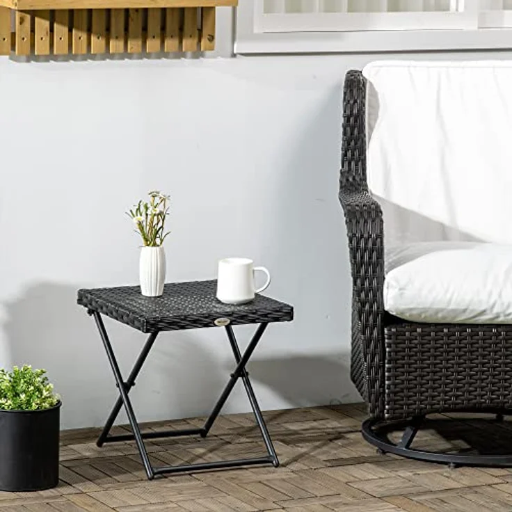 Outsunny Klapptisch, Gartentisch aus Polyrattan mit stabilem Stahlrahmen, Schwarz, 40x40x40 cm, platzsparend und pflegeleicht – Bild 2