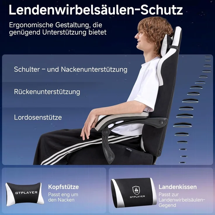 GTPLAYER Gaming-Stuhl Stoff Gaming Chair Ergonomisch Bürostuh PC Stuhl, 150kg Belastbarkeit, Schreibtischstuh mit Federsitzkissen und Fußstütze – Bild 3
