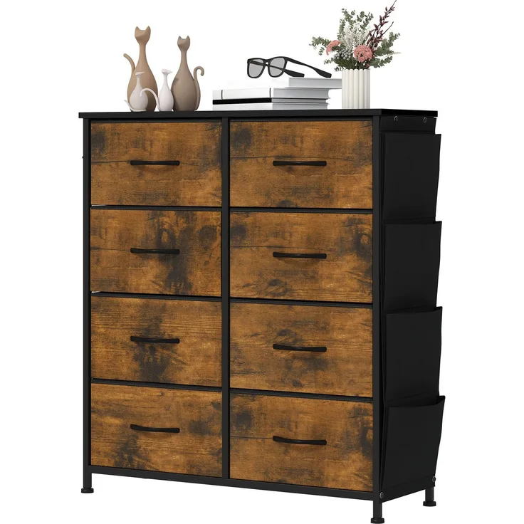 YITAHOME Kommode,Kommode mit 8 Schubladen,Kommodenschrank mit Haken und Seitentaschen,Stoffschubladen mit Griffen,Metallgestell,Dauerhaft,Rustikal Braun
