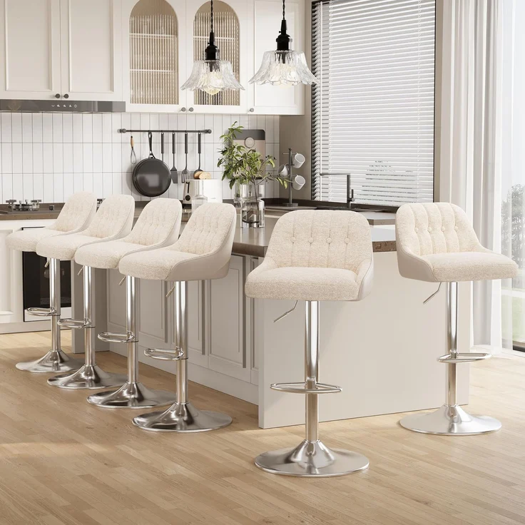 MALOL 360° Drehbarer Höhenverstellbarer Barhocker, Bar Hocker 6er Set mit Rückenlehne, Moderner Küchenhocker mit Metallfuß für Theke, Esszimmer, Barstuhl mit Kombination aus Leder und Bouclé, Beige