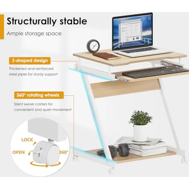SogesHome Schreibtisch Klein Computertisch mit 4 Rollen 2 Davon mit Bremsen PC-Tisch in Z-Form mit Tastaturauszug für Zuhause und Büro, 60x48 cm – Bild 7