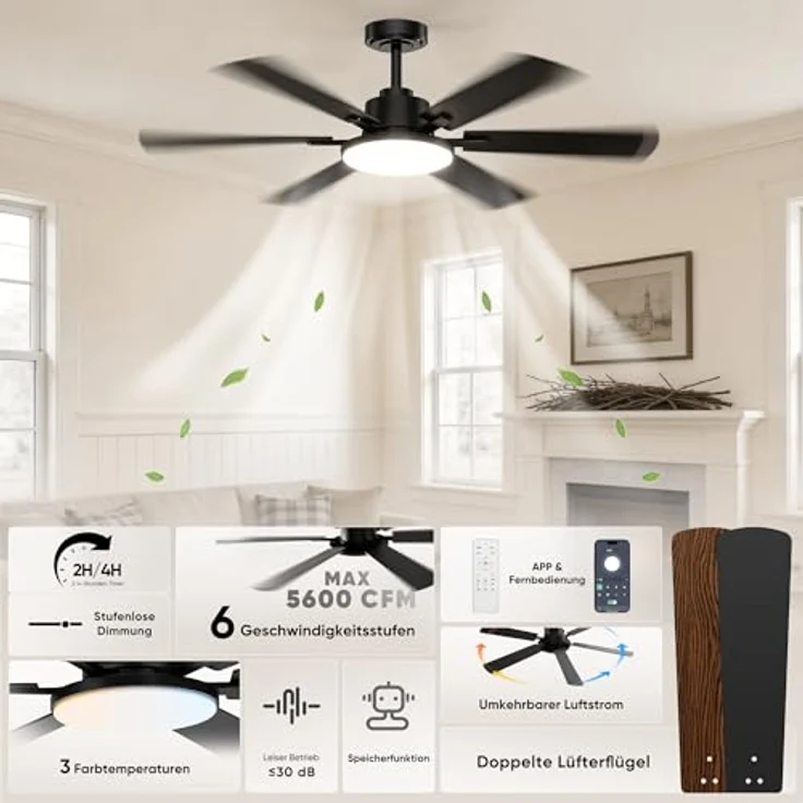 ROTTOGOON Deckenventilator mit Beleuchtung 132cm, Doppelseitige Flügeln – Bild 5