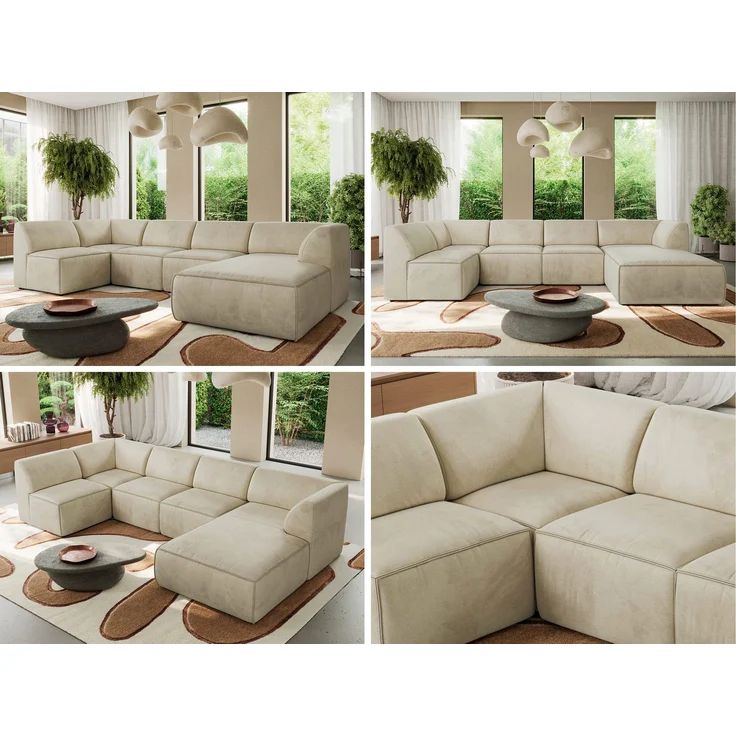 Modulares XXL-Ecksofa MODARO 5M, U-Form, Wohnlandschaft, 5-teilig, freistehend, Wohnzimmer Couch, HR-Schaumstoff - Beige Velvet - Rechts – Bild 2