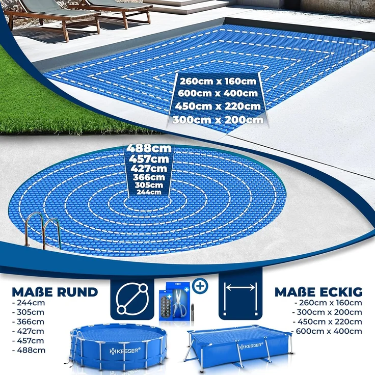 KESSER® Pool Solarfolie 400 µm | Solarplane Poolabdeckung | Solarabdeckplane flexibel zuschneidbar | Poolplane für Wassererwärmung | Solarabdeckung mit Schere, Lochzange & 12 Ösen Blau, Ø 600 cm – Bild 2