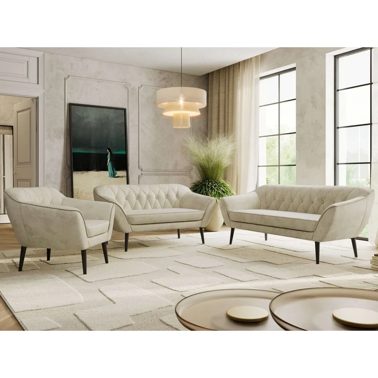 Wohnzimmerset PIRS 1-2-3, Skandinavisches Komplettset, Wellenfederung, schwarze Füße, Sitzgruppe, Möbelset - Beige Velvet – Bild 4