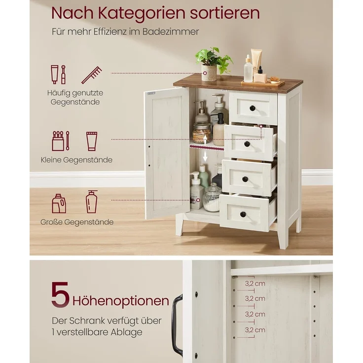 VASAGLE Aufbewahrungsschrank, LIRY Kollektion, im Landhausstil, mit 4 Schubladen, Tür, verstellbare Ablage, Holz Vintageweiß, 30 x 60 x 80 cm – Bild 4
