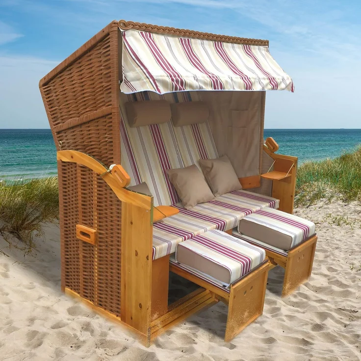 BRAST® Strandkorb Usedom 3-Sitzer XXL für 2-3 Personen | 165cm breit | 5 Designs | inkl. wetterfeste Abdeckhaube | verstellbare Rückenlehne Fußkissen | Rot/Beige - gestreift