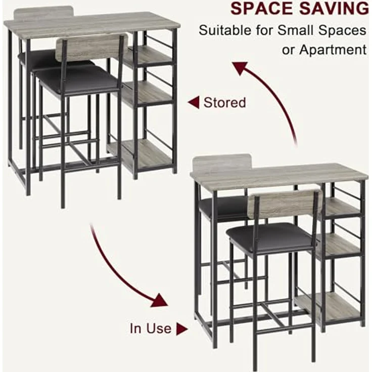 GarveeHome Bartisch Mit Barhocker Set, 2 Personen Bartisch Set Mit 3-Stufigen Ablageflächen, Platzsparende Essgruppe, Stehtisch Mit 2 Gepolsterten Stühlen Für Küche, Wohnung, Bistro, Grau – Bild 6
