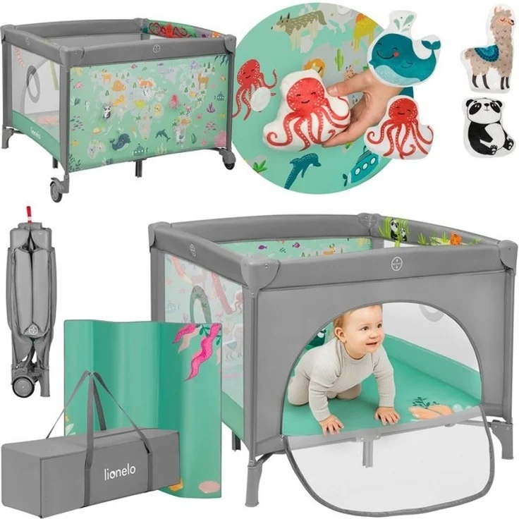 Lionelo 2-in-1 Laufstall und Reisebett mit Matratze für Babys MILLE PLUS bis 15 kg, 0–36 Monate, Seiteneinstieg, 3D-Matratze, 2 Rollen mit Bremse, Faltbar, Tragetasche – Bild 4