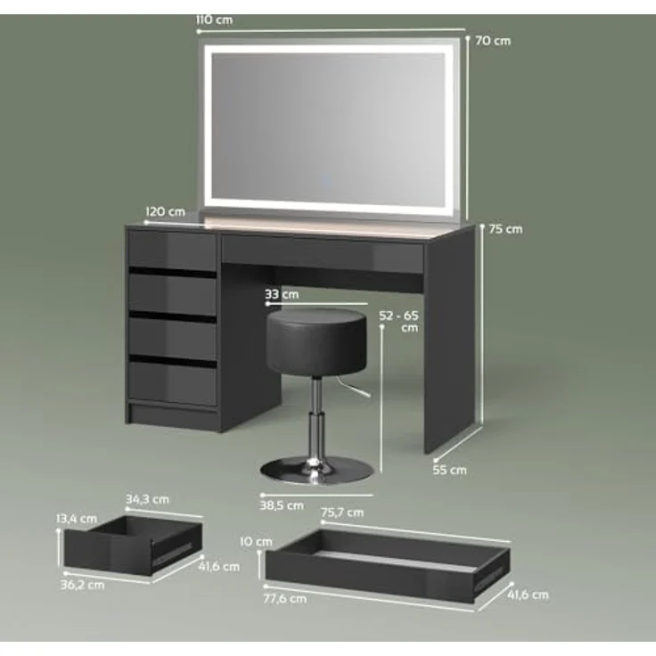 Livinity® Schminktisch Imola, Anthrazit, mit LED-Spiegel und Hocker (2-St) – Bild 4