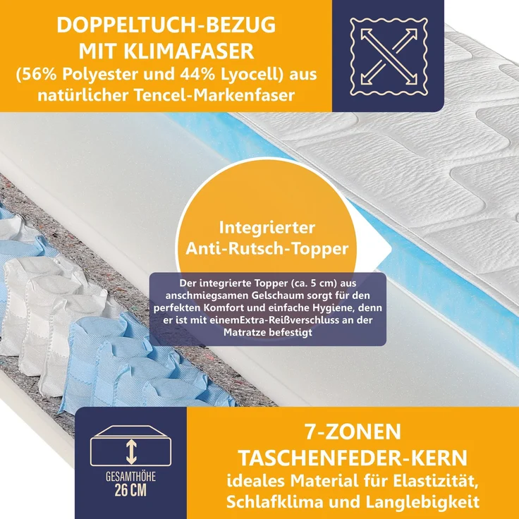Taschenfederkernmatratze Diamant Plus Top-Handling und Hygiene durch integrierten Topper, Beco, 26 cm hoch, waschbar bis 60°, 90x200 cm, H2 – Bild 4