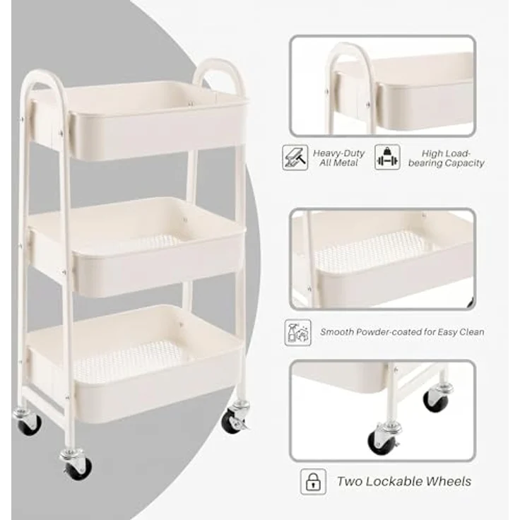DOEWORKS Rollwagen Metall Servierwagen Küchenwagen Aufbewahrungswagen 3-Etagen Utility Cart Organizer Wagen mit Rädern für Wohnzimmer Schlafzimmer Make-up Badezimmer Büro, Weiß – Bild 6