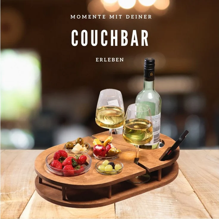 PEGSEN Servier-Set Weinbar Couchbar mit 4 Glasschalen, Birkenholz, Weingläser & Snacks stehen stabil und sicher – Bild 2