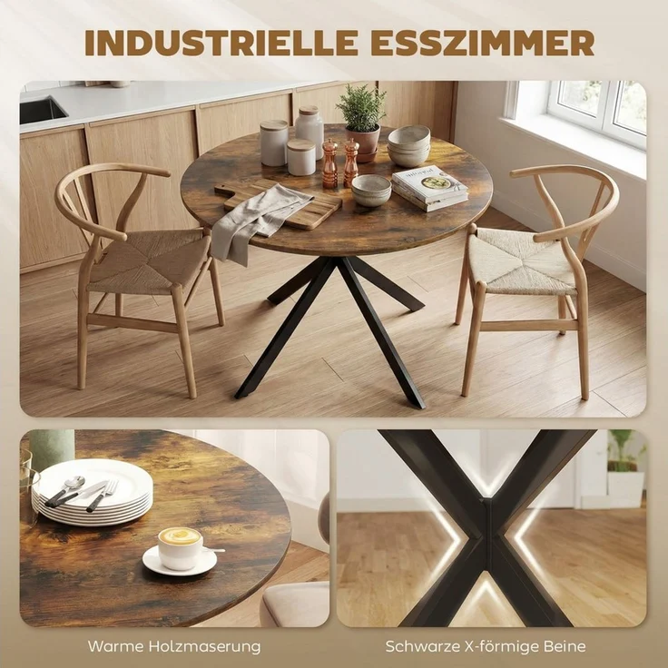 HOMCOM Esstisch Küchentisch im Industriestil mit Stahlbeinen für 4 Personen (für Esszimmer, Küche, Wohnzimmer, 1-St, rund, 100 x 100 x 75 cm), Rustikal-Braun – Bild 4